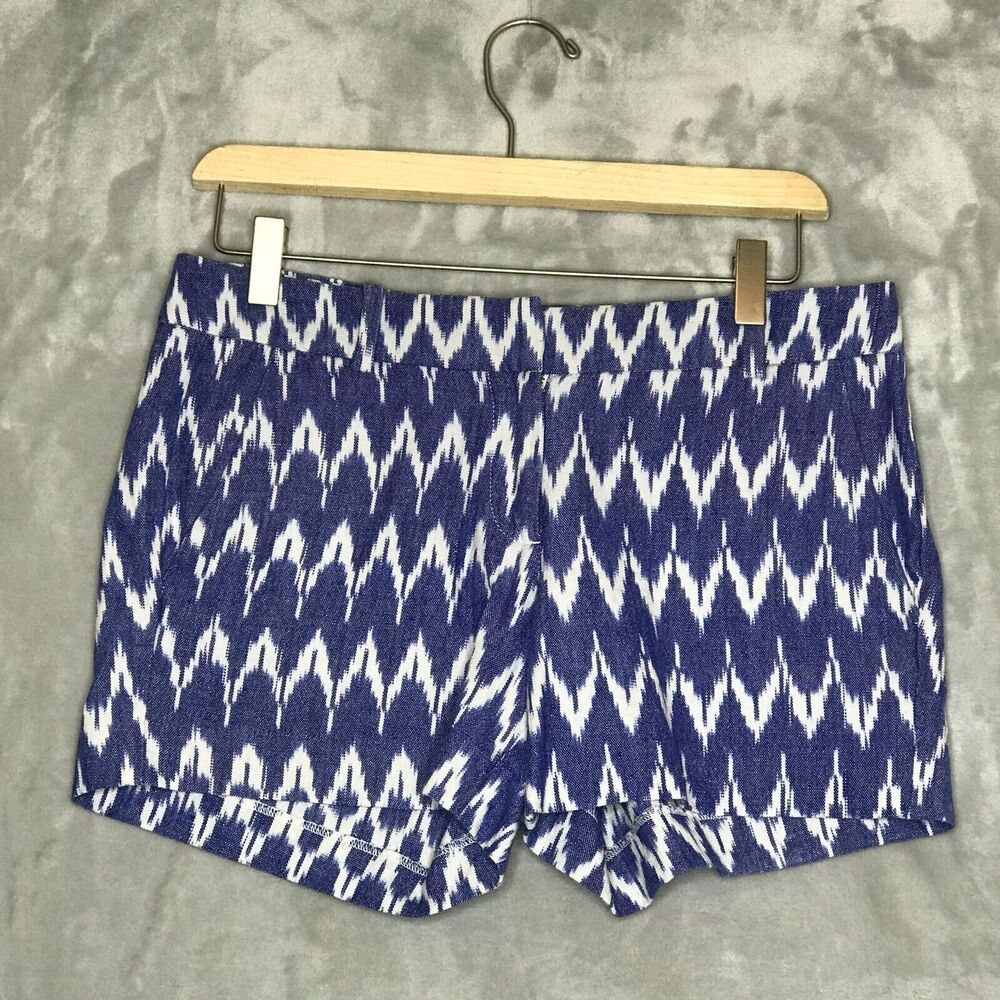 J. Crew Zig Zag Ikat Short Womens 2 Blue White Flat Front Low Rise Cotton Pocket